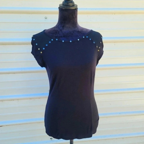 Rock & Republic Tops - Rock & Republic Studded Womens S Scoop Neck Shirt Black Mesh Inserts